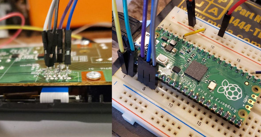 jumpers soldered to connector, plugged into breadboard with Raspberry Pi Pico